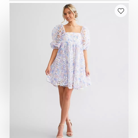 Storia Dresses & Skirts - Storia Pastel Blue Floral Lace Puff Sleeve Mini Dress